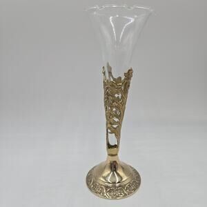 Vintage Ormolu Fluted Bud Vase Gold Filigree Hollywood Regency Ruffled